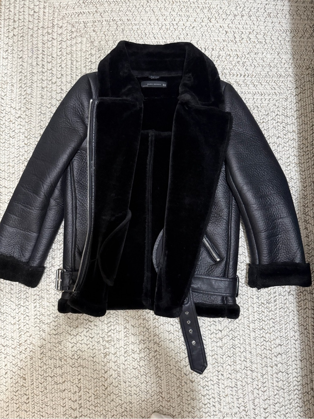 Zara Black Double-Faced Faux Shearling Biker Jacket - Picture 8 of 11